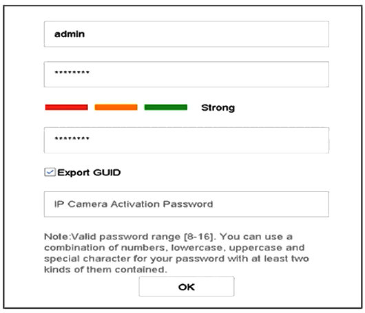 NVR password settings screen showing username, password boxes, and instructions for managing and exporting passwords.settings.